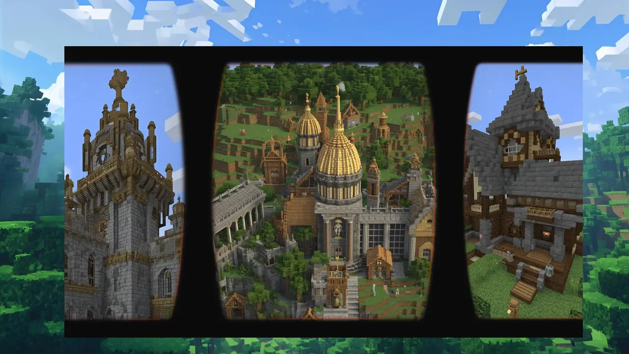 Minecraft customization banner showing different build styles and creative world elements.