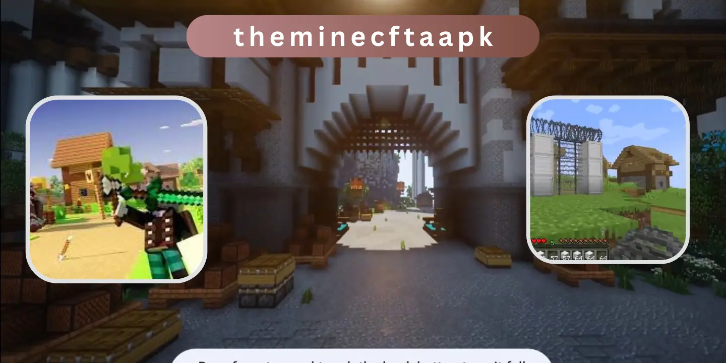 Minecraft different versions banner showing castle background with two gameplay previews and theminecftaapk branding.