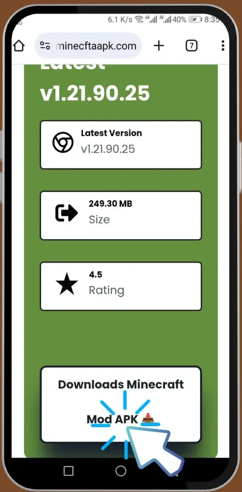 Mobile screen showing Minecraft v1.21.90.25 download page with version details, file size, rating, and a highlighted Download Mod APK button.