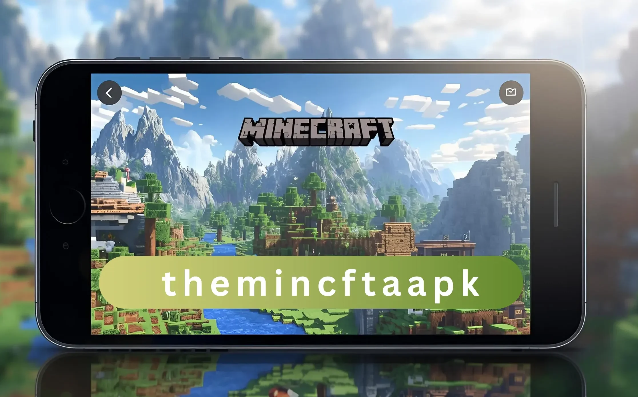 A smartphone displaying the Minecraft game menu with a scenic landscape of mountains, trees, and lakes, with the text “themincftaapk” shown on the screen.