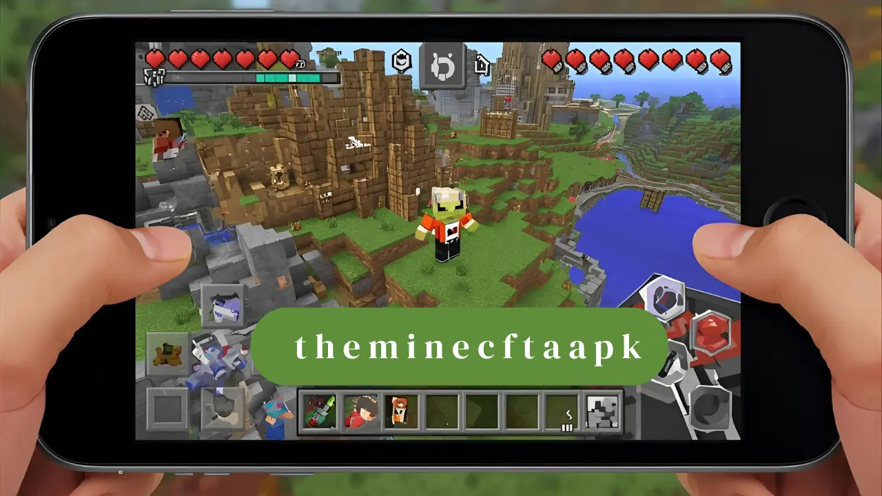Minecraft gameplay on mobile device showing character standing in block world with buildings, river and tools HUD – theminecftaapk banner displayed.