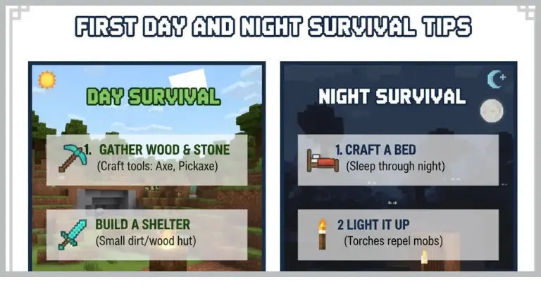 First Day and Night Survival Tips’ showing a lone survivor in the wilderness.