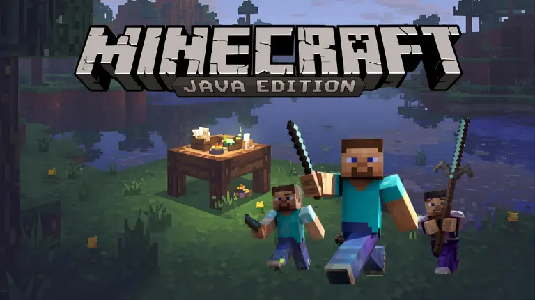 Minecraft Java Edition artwork showing three Minecraft characters holding tools and weapons near a crafting table by a lake in a forest environment.