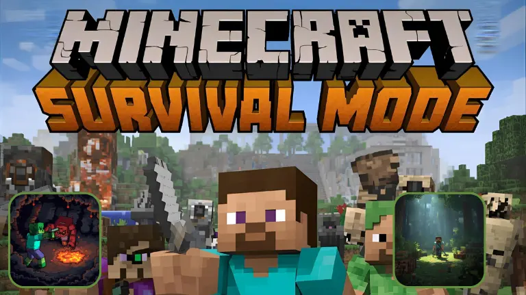 Minecraft Pocket Edition survival mode gameplay where players gather resources, fight mobs, and build shelters to survive.